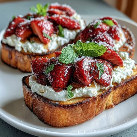 Fresh strawberry ricotta toast with creamy cheese and honey drizzle, served on golden sourdough bread for a delightful brunch treat.  
