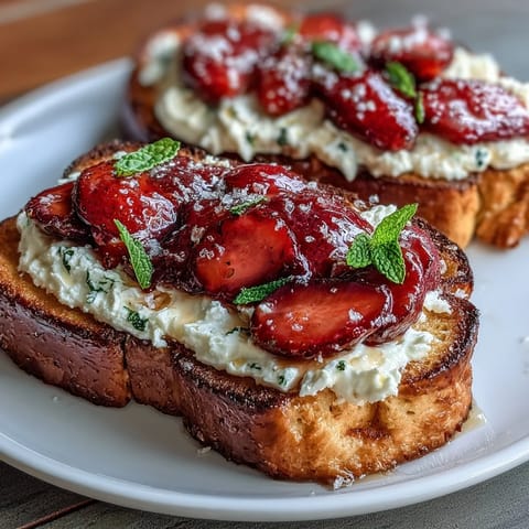 Vibrant strawberry ricotta toast topped with juicy berries, lemon zest, and a touch of honey, perfect for Galentines or spring celebrations.  