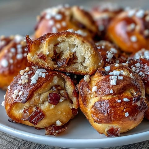 Sourdough Onion Pretzel Bites with golden caramelized onions, baked until deep brown and sprinkled with flaky sea salt.  