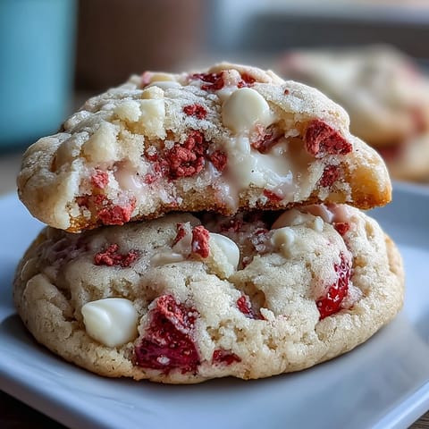 Homemade strawberry white chocolate cookies with freeze-dried berries and melted chocolate, perfect for sharing on Valentine's Day or at a romantic gathering.