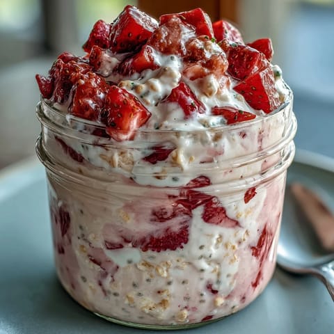Delicious breakfast jars filled with strawberry cheesecake overnight oats and a creamy yogurt topping.  