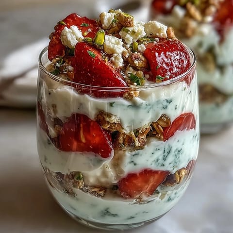 A colorful pistachio and strawberry breakfast parfait with layers of creamy yogurt, fresh berries, and crunchy nuts.