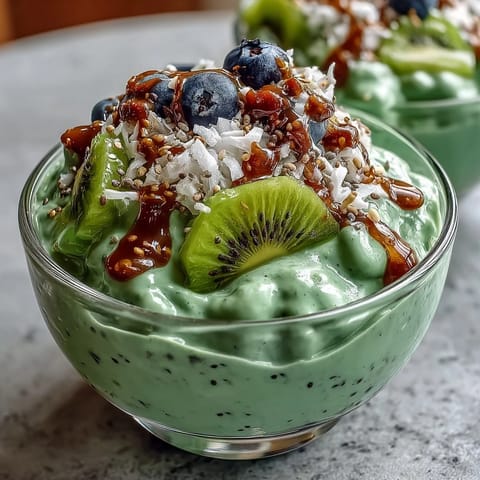 Creamy matcha-infused oats with shredded coconut and chia seeds, garnished with berries and a drizzle of honey for a refreshing morning treat.
