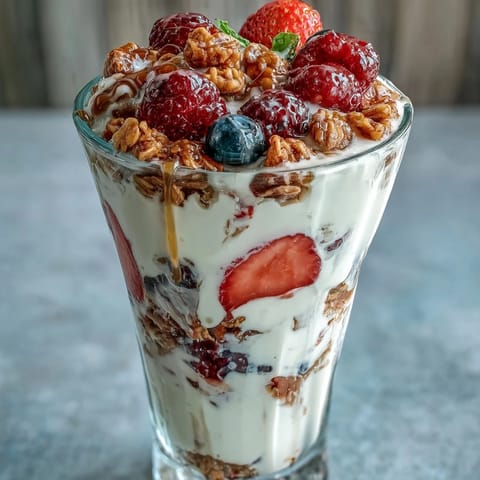 2. Indulge in this easy 10-Minute Greek Yogurt Berry Parfait with Granola Crumble, featuring layers of tangy yogurt, juicy berries, and a golden granola topping for a nutritious breakfast treat.