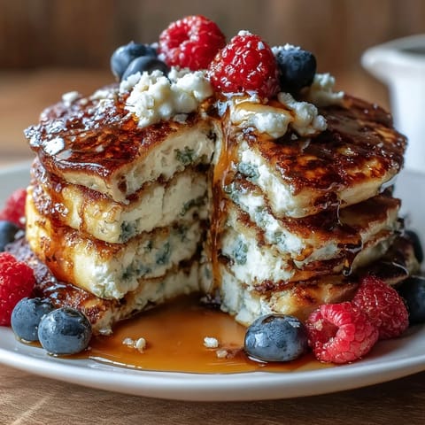 2. Stack of wholesome cottage cheese pancakes studded with raspberries and blueberries, perfect for a high-protein breakfast.  