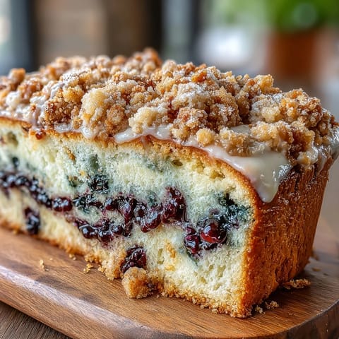 Golden sourdough loaf swirled with juicy blueberries and lemon zest, topped with a buttery crumble topping for a perfect breakfast treat.  