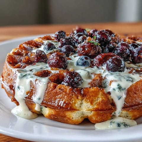 Golden sourdough waffles packed with juicy blueberries and fresh lemon zest, served with creamy maple yogurt for a bright, tangy brunch.