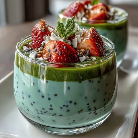 A vibrant layered jar of strawberry matcha overnight chia oats with fresh berries and coconut flakes on top.
