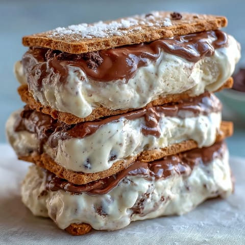 Creamy vanilla bean ice cream layered between soft coffee cookies in a frozen dessert sandwich.  