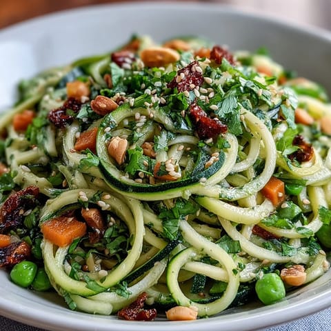A colorful plate of zucchini noodles stir-fried with crisp vegetables and a light, savory sauce, perfect for a healthy dinner.  