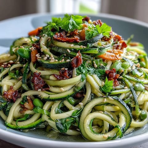 Vibrant spiralized zucchini noodles tossed with red bell pepper, snap peas, and a flavorful Asian-inspired sauce in a sizzling skillet.  