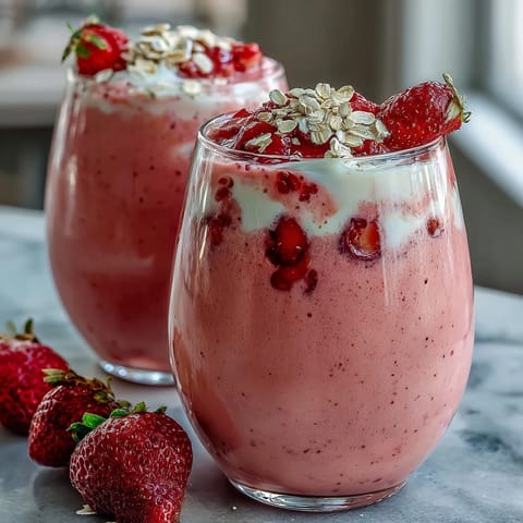 A creamy strawberry shortcake protein smoothie with fresh berries and Greek yogurt, perfect for a nutritious breakfast.