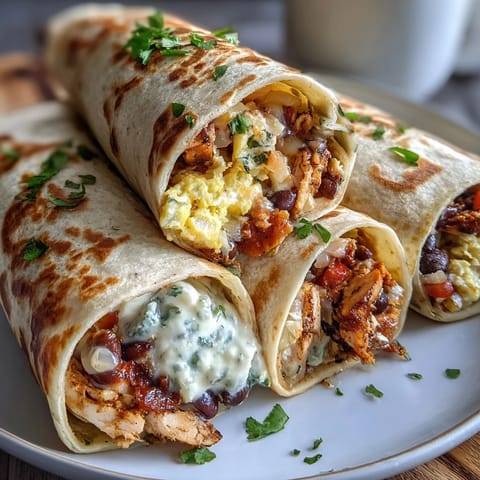 High-protein breakfast burritos filled with fluffy scrambled eggs, lean turkey, black beans, and melted cheese, wrapped in a soft whole wheat tortilla for a hearty morning meal.