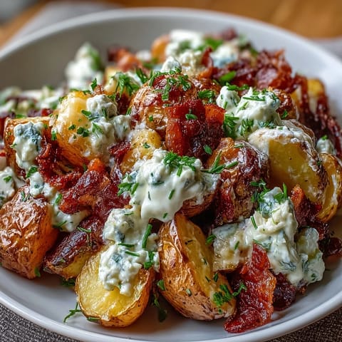 Vibrant loaded baked potato salad with smoky BBQ sauce, crispy bacon, cheddar cheese, and fresh herbs, perfect for gatherings and BBQs.