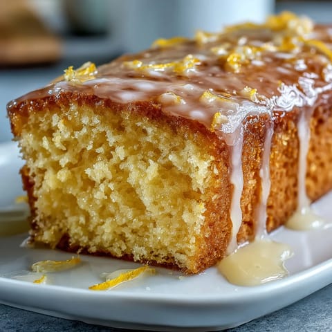 Golden-brown limoncello pound cake topped with glossy lemon glaze, sliced on a wooden board for dessert.  