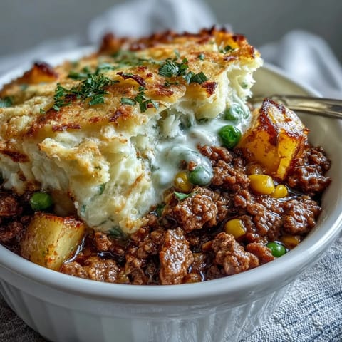 A steaming bowl of Shepherds Pie Soup with tender ground beef and colorful vegetables in savory broth.
