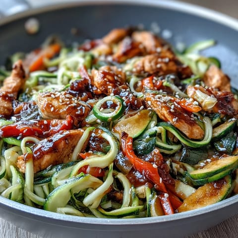 Healthy Easy Zucchini Noodle Stir Fry with Chicken in a vibrant Asian-inspired sauce, packed with colorful vegetables and tender chicken for a fresh, low-carb meal.  