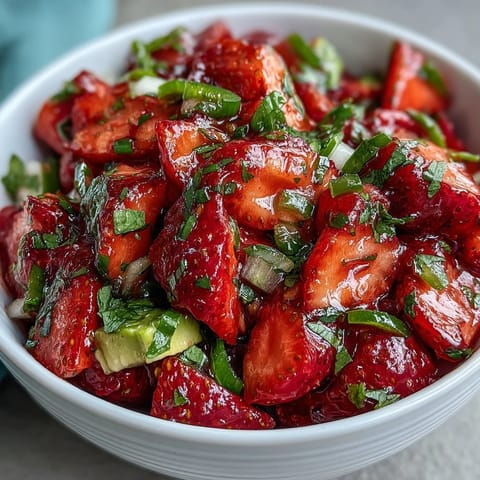 Fresh strawberry salsa with lime and jalapeño served in a white bowl, bursting with vibrant red berries, green herbs, and spicy peppers.