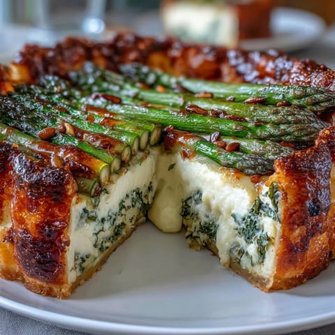 Flaky puff pastry tart topped with fresh asparagus, creamy cheese, and herbs—perfect for a spring appetizer or light main.