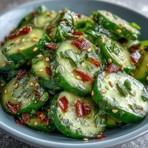 Smashed Cucumber Salad with Garlic Chili Oil, a crisp and refreshing dish with spicy, garlicky flavors, perfect as a side or appetizer.