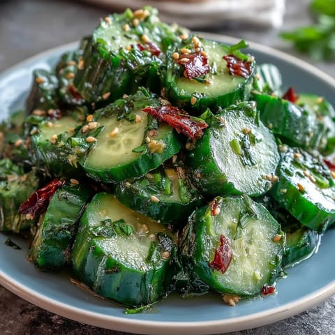A vibrant, smashed cucumber salad tossed with tangy dressing and drizzled with aromatic garlic chili oil for a bold, refreshing bite.