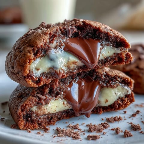 ALT text 1: Rich dark chocolate vanilla cookies with a soft, chewy center and gooey chocolate chunks, inspired by the Shadow Milk Cookie aesthetic.  