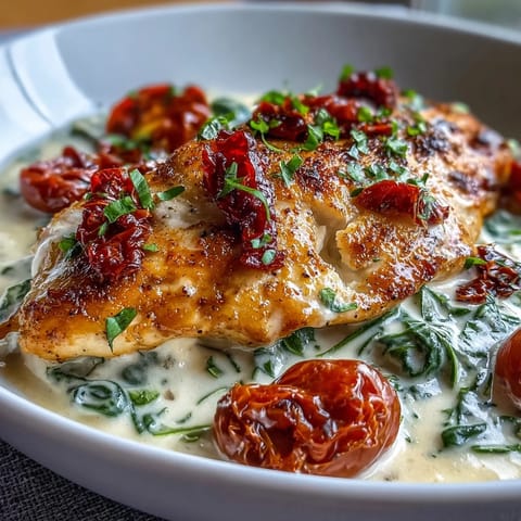 A hearty, Italian-inspired chicken dinner with spinach and Parmesan in a velvety cream sauce.  