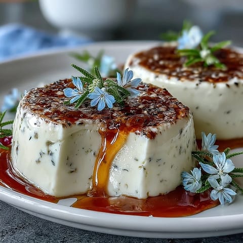 Silky Honey Lavender Panna Cotta with floral honey drizzle and edible blossoms.  