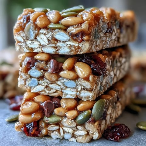 Nut-free granola bars with honey and oats, chewy and golden, packed with seeds and dried fruit for a wholesome, beach-ready snack.