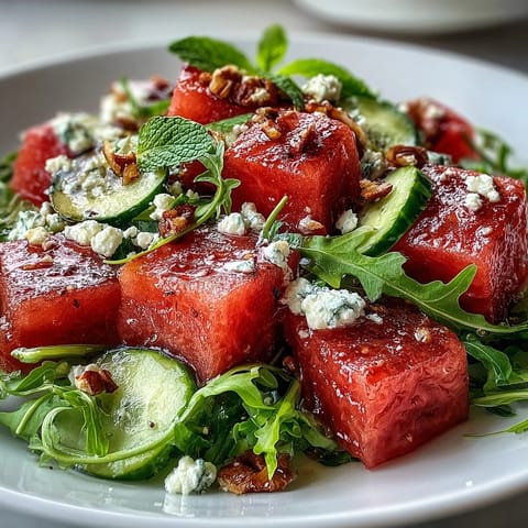 Vibrant watermelon and arugula salad with creamy feta, juicy fruit, and peppery greens in a zesty lime dressing.  