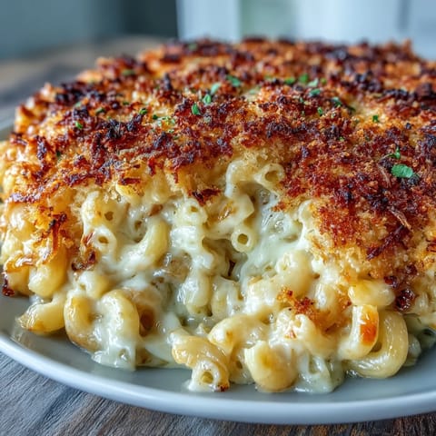 Creamy Mac and Cheese Bake with golden panko crust, bubbling with rich cheddar and Gruyère sauce. A comforting, cheesy pasta casserole perfect for holidays or family dinners.