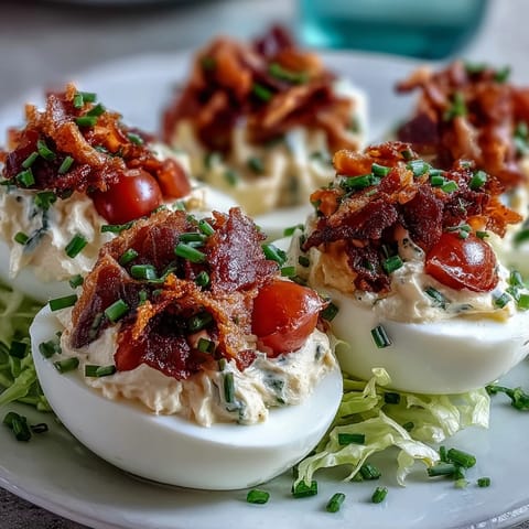BLT Deviled Eggs with Crispy Bacon Crumbles on a white platter, topped with lettuce, tomato, and smoky bacon crumbles.
