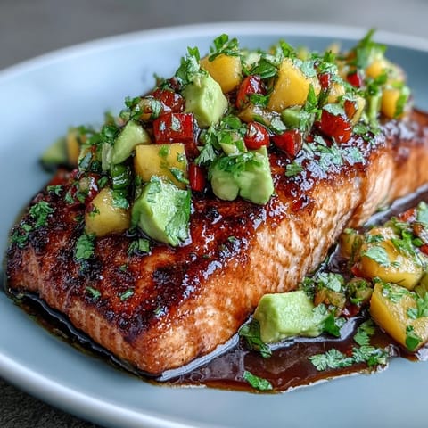 Baked salmon topped with bright mango avocado salsa, perfect for a healthy summer dinner.  