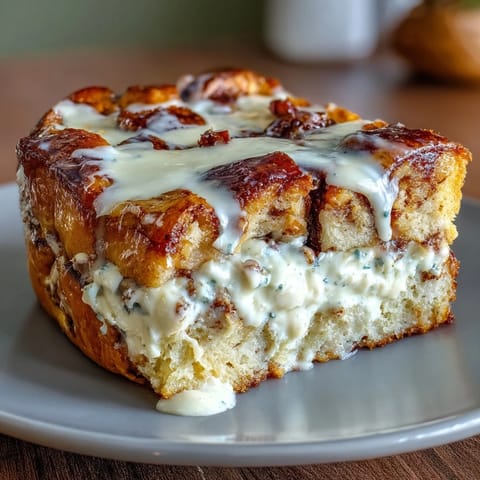 Golden-brown Cream Cheese Swirl Cinnamon Roll French Toast Bake fresh from the oven, served warm with maple syrup and a dusting of powdered sugar on top.