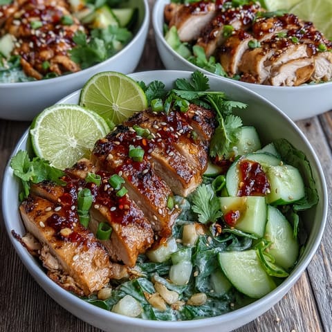 A close-up of TikTok Chili-Crisp Cucumber Chicken Bowls, featuring sliced seared chicken and crisp cucumbers in creamy yogurt sauce.