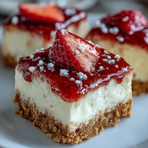 Strawberry cheesecake bars with creamy filling and fresh strawberry topping served on a white plate.