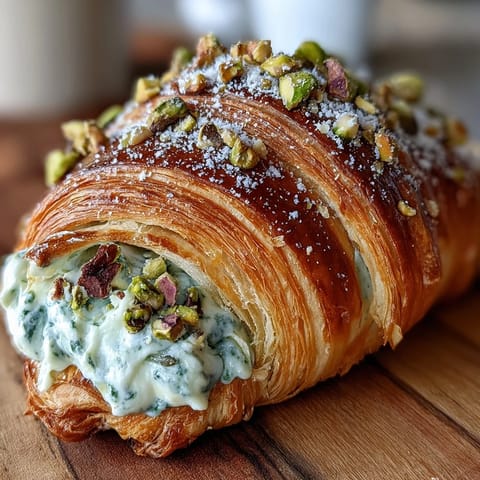 Flaky croissant bursting with sweet, creamy pistachio filling, dusted with powdered sugar for a bakery-style treat.