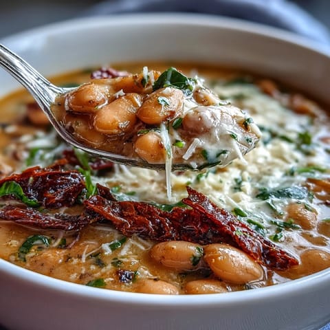A comforting bowl of Creamy Tuscan White Bean Soup, featuring hearty vegetables and a smooth, creamy finish.  