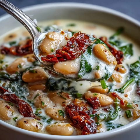 Creamy Tuscan White Bean Soup with tender beans, spinach, and sun-dried tomatoes in a rich, velvety broth.  