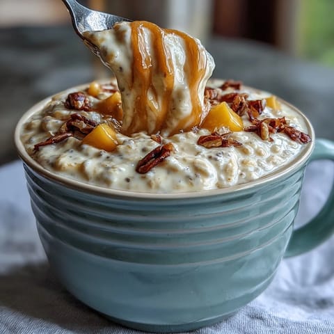 Creamy mango lassi overnight oats with fresh mango and cardamom, perfect for a tropical breakfast.