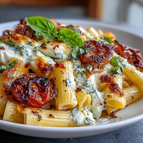 Golden baked feta pasta dish with vibrant cherry tomatoes, perfect for dinner.