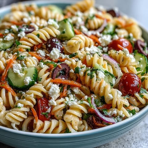 Colorful Memorial Day Pasta Salad with Italian dressing and crisp veggies.