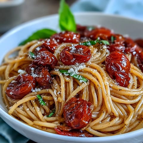 Summery cherry tomato confit pasta with garlic oil, a vibrant Italian main dish.