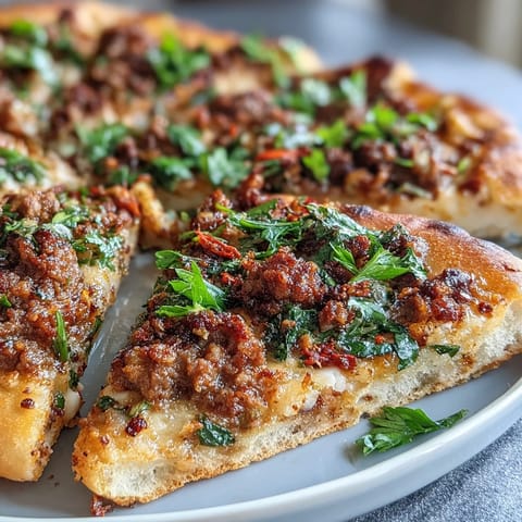 Golden Turkish Lahmacun Pizza, crispy flatbread crowned with seasoned lamb, sumac, and fresh herbs.
