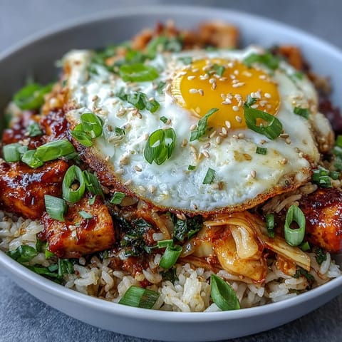 Spicy fermented cabbage kimchi fried rice bowl, topped with a sunny-side-up egg.