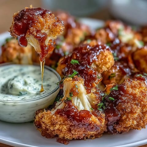 Smoky vegan BBQ cauliflower wings ready to dip in creamy ranch.