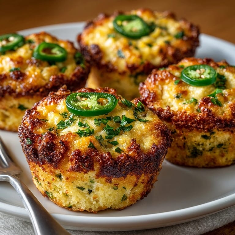Fluffy Cheesy Jalapeño Cornbread Muffins, a delightfully spicy twist on a classic side.