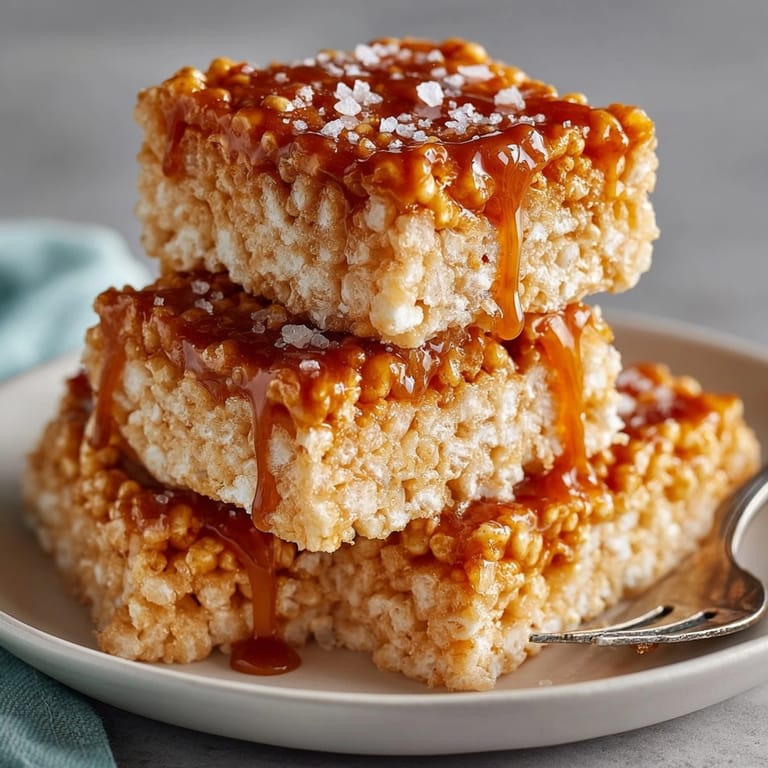 Homemade Salted Caramel Rice Krispie Treats: a gooey, crunchy dessert ready to slice and serve!
