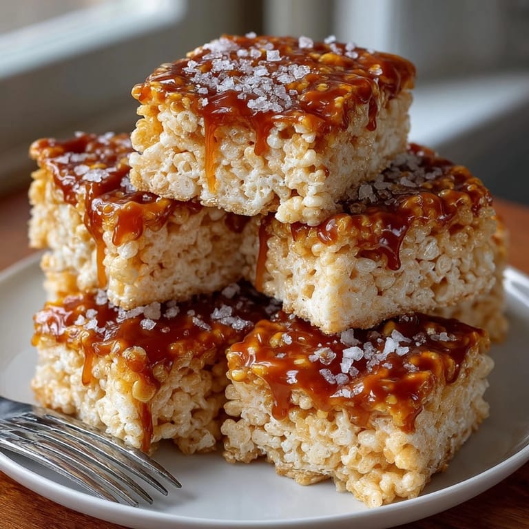 Easy recipe for warm, buttery Salted Caramel Rice Krispie Treats; see the caramel drizzle.