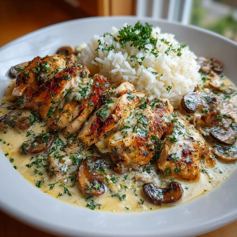 Warm, flavorful Creamy Mushroom Chicken and Rice recipe – perfect for a weeknight dinner.